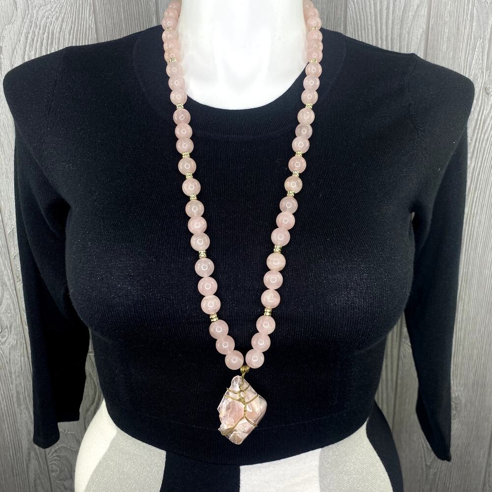 Vintage Artisan Statement NECKLACE Rose Quartz OOAK Handmade Wrapped Pendant
